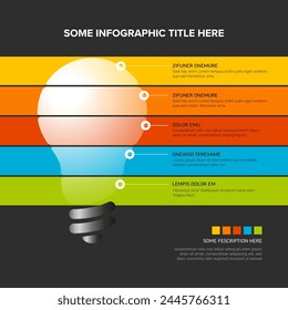 idea Plantilla infográfica oscura - icono de bombilla hecha de rayas rojas con algo de contenido, descripción y cinco Elementos con iconos sobre fondo negro