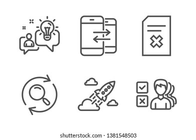 Idea, Delete file and Search icons simple set. Phone communication, Startup rocket and Opinion signs. Solution, Remove document. Line idea icon. Editable stroke. Vector