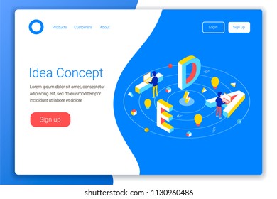 Idea design concept. Idea 3d word lettering typography with office workers, computers and light bulbs. Flat 3d isometric style. Landing page template. Vector illustration.