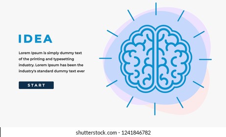 Idea Design Concept with Human Brain, Button, Headline and Text Place. Suitable for Web banner, Infographics, Hero images. Flat Vector Illustration Isolated on White Background.