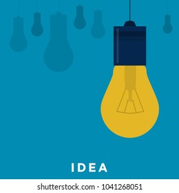 Idea Design Concept. Light bulbs Hanging on a Blue Background.  Creative Thinking. Innovation. Business Concept. Flat Vector Illustration
