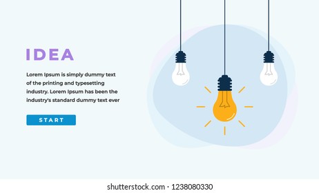 Idea Design Concept with Shining Light Bulbs, Button, Headline and Text Place. Suitable for Web banner, Infographics, Hero images. Flat Vector Illustration Isolated on White Background.