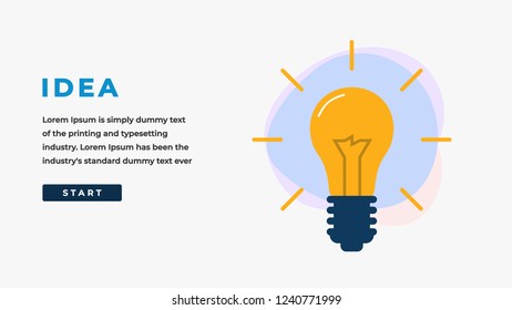 Idea Design Concept with Shining Light Bulb, Button, Headline and Text Place. Suitable for Web banner, Infographics, Hero images. Flat Vector Illustration Isolated on White Background.