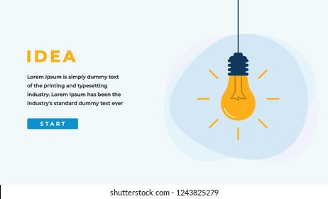 Idea Design Concept with Shining Light Bulb, Button, Headline and Text Place. Suitable for Web banner, Infographics, Hero images. Flat Vector Illustration Isolated on White Background.