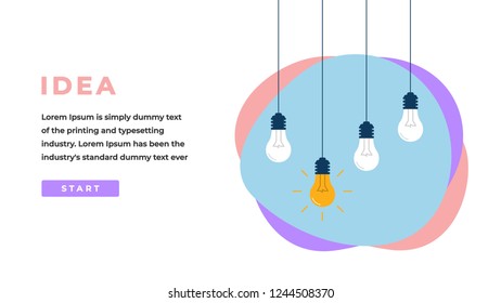 Idea Design Concept with Shining Light Bulbs, Button, Headline and Text Place. Suitable for Web banner, Infographics, Hero images. Flat Vector Illustration Isolated on White Background.