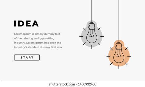 Idea Design Concept with Shining Light Bulbs, Button, Headline and Text Place. Suitable for Web banner, Infographics, Hero images. Flat Vector Illustration Isolated on White Background.