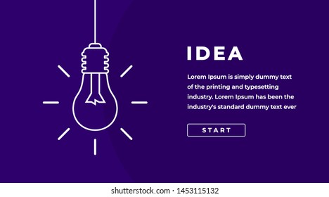 Idea Design Concept with Shining Light Bulb, Button, Headline and Text Place. Suitable for Web banner, Infographics, Hero images. Flat Vector Illustration Isolated on White Background.