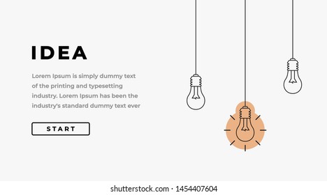 Idea Design Concept with Shining Light Bulbs, Button, Headline and Text Place. Suitable for Web banner, Infographics, Hero images. Flat Vector Illustration Isolated on White Background.