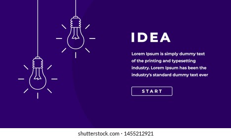 Idea Design Concept with Shining Light Bulbs, Button, Headline and Text Place. Suitable for Web banner, Infographics, Hero images. Flat Vector Illustration Isolated on White Background.