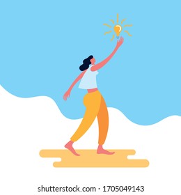 Idea Design Concept with Shining Light Bulbs, Button, Young woman