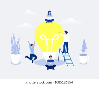 Idea design concept. Small people with a lightbulb. Trendy flat style. Vector illustration.