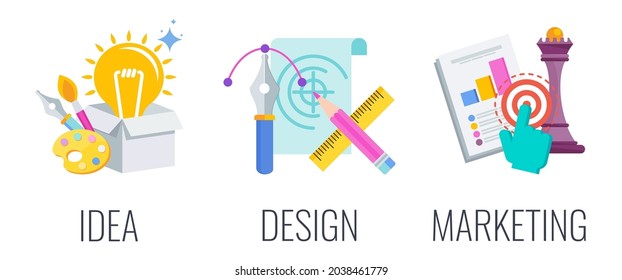 Idea, design and marketing icons. Design infographics pictogram. Creative as part of marketing communication. Logo design, packaging advertising. Strategy, management. Flat vector illustration