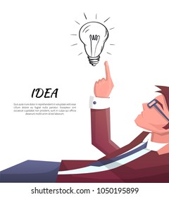Idea developer and electric bulb, idea of man wearing glasses, poster with text sample and headline vector illustration isolated on white background