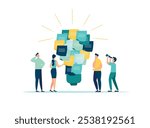 Idea development, brainstorming to collect a new idea,teamwork to find a solution, business people using stickers in combination with a bright light bulb idea, vector illustration