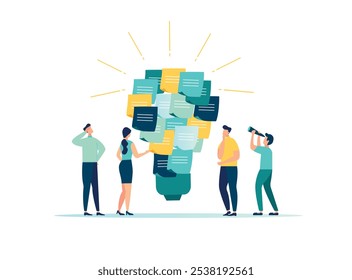 Idea development, brainstorming to collect a new idea,teamwork to find a solution, business people using stickers in combination with a bright light bulb idea, vector illustration