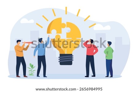 Idea development, brainstorming to collect a new idea, teamwork to find a solution, business people connecting puzzle elements of a bulb symbolizing creative idea. Vector illustration,