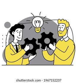 Idea development. Business cooperation, Collaboration. Experience and initiative. Business Marketing illustrations. Scenes with men taking part in business activities. Modern Flat Trendy vector style