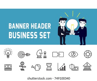 Idea development business  infographics concept. Business people carrying big light bulb. A banner header Vector flat illustration icons linear style design