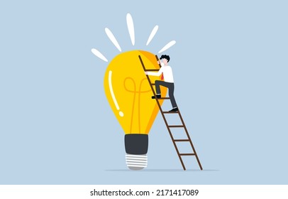 Idea development for career growth, accumulate knowledge, creativity, or skill to help life better concept. Businessman climbing up ladder to stand on big idea light bulb.