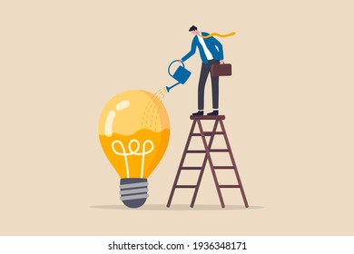 Idea development, creativity genius or knowledge to think about new business idea, skill improvement or career growth concept, smart businessman on ladder watering to fill in liquid in idea light bulb