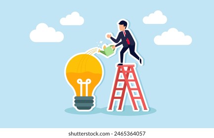 Idea development, creativity, and knowledge for new business ideas and career growth, concept of Smart businessman on ladder watering to fill idea light bulb with liquid