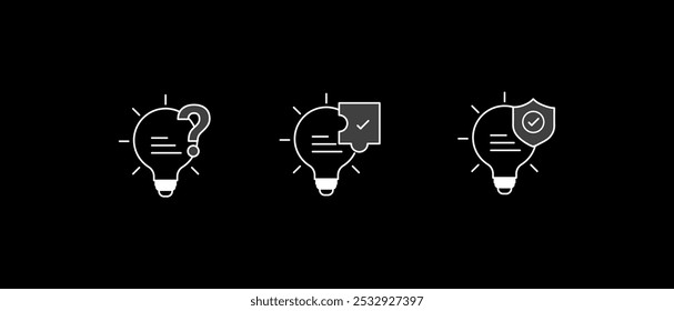 Ícones de desenvolvimento e implementação de ideias. Ideia questionável. Planejamento e Execução de Ideias. Ideia protegida.