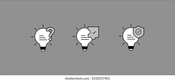 Ícones de desenvolvimento e implementação de ideias. Ideia questionável. Planejamento e Execução de Ideias. Ideia protegida.