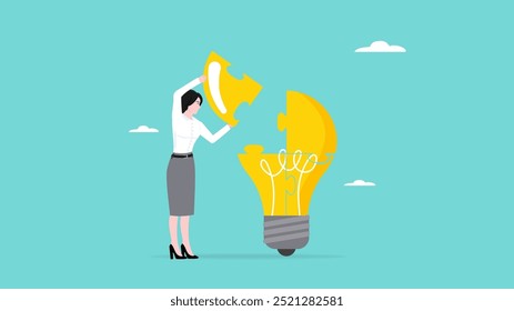 idea development, solve business problem or challenge, work solution with creativity, businesswoman completing a light bulb-shaped puzzle