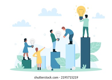 Idea development, success solutions of innovation and strategy. Cartoon tiny business people develop ideas, leader standing on top of chart holding bright light bulb flat vector illustration