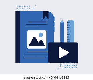 Idea of digital educational process, internet learning, home schooling, online courses, electronic textbooks. Flat style vector illustration.