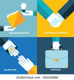 Idea documentation calling card portfolio partnership handshake business concept icons set modern trendy flat design vector illustration