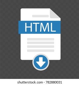 The idea of downloading a document. Document download icon HTML. File with HTML label and a designation of loading. Modern vector illustration in a flat style.