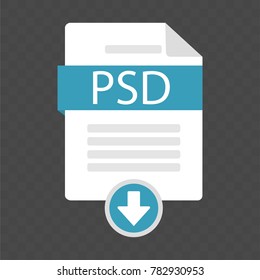 The idea of downloading a document. Document download icon PSD. File with PSD label and a designation of loading. Modern vector illustration in a flat style.