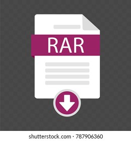 The idea of downloading a document. Document download icon RAR. File with RAR label and a designation of loading. Modern vector illustration in a flat style.