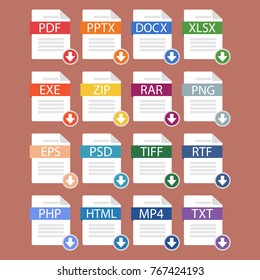 The idea of downloading documents of popular formats. A set of different popular file formats. Modern vector illustration in a flat style
