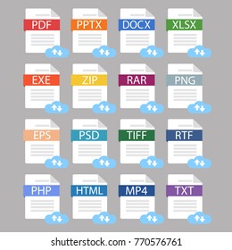 The idea of downloading documents of popular formats. A set of different popular file formats. Modern vector illustration in a flat style.
