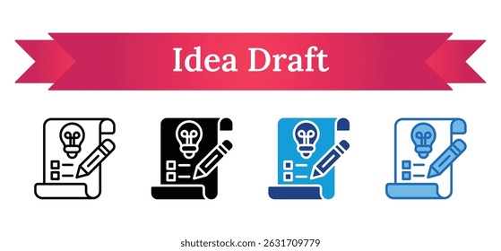Idea Draft - Outline, Glyph Silhouette, Dual Tone, Blue Fill Icon - lightbulb and pencil on a paper, representing creative planning, brainstorming, and project drafting