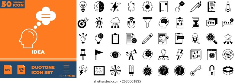 Idea Duotone Editable Icons set. Vector illustration in modern thin duotone style of idea icons: Electric lamp, light, innovation, etc