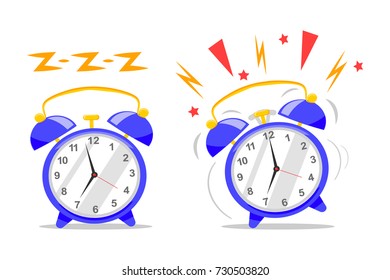 The idea of early awakening. Wake of the alarm clock, flat cartoon style. Vector icon isolated on background. 