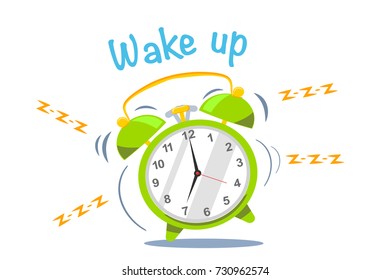 The idea of early awakening. Wake of the alarm clock, flat cartoon style. Vector icon isolated on background.