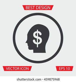 Idea To Earn Money Icon - Vector illustration of dollar icon inside human head, in circle, on gray background. Dollar Icon. Head Icon. Idea Icon. Currency Icon. Finance Icon.