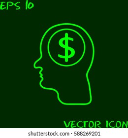 Idea To Earn Money Icon - Vector illustration of dollar icon inside human head, in circle. Dollar, Head Idea, Currency, Finance Icon