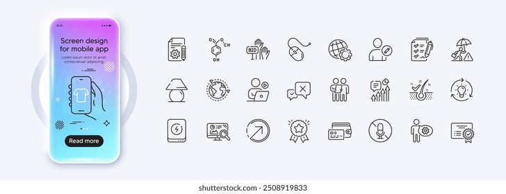 Idea, Edit user and Direction line icons for web app. Phone mockup gradient screen. Pack of Bid offer, No microphone, Computer mouse pictogram icons. Certificate, Power bank, Reject signs. Vector