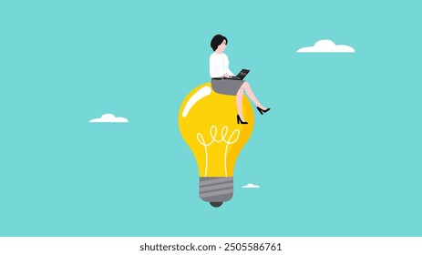 Idea and education, education and knowledge to encourage career success, wisdom or learning to help people achieve business goal or target, businesswoman using laptop sitting on light bulb