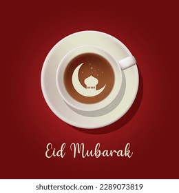 The idea of Eid Mubarak and Ramadan Mubarak. Eid-ul-Fitr, Eid-ul-Azha. Islamic greeting card in arabic calligraphy holiday vector, A cup of coffee with a crescent moon, Coffee shop or restaurant idea 