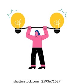 Idea energy concept. Business woman lifting up two idea light bulb. Flat vector illustration isolated on white background
