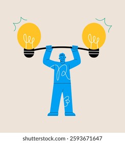 Idea energy concept. Man lifting up two idea light bulb. Colorful vector illustration