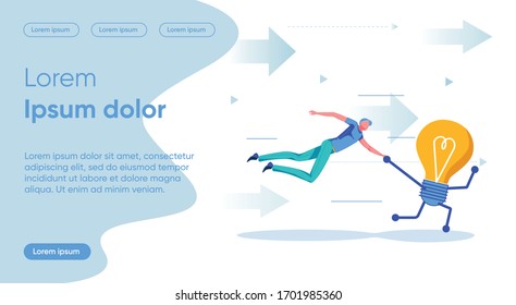 Idea Engine Flat Landing Page Vector Template. Progress, Development, Forward Movement, Project Promotion Metaphor. Man Led by Lightbulb Faceless Character. Motivation, Hard Work Homepage Layout