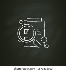 Idea evaluation chalk icon. Paper on clipboard under magnifying glass sketch. Research stage of creative process, data check and idea evaluation concept. Isolated vector illustration on chalkboard