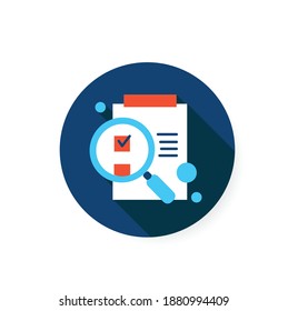 Idea evaluation flat icon. Paper on clipboard under magnifying glass sign. Research stage of creative process, data check and idea evaluation concept. Color vector web illustration with shadow